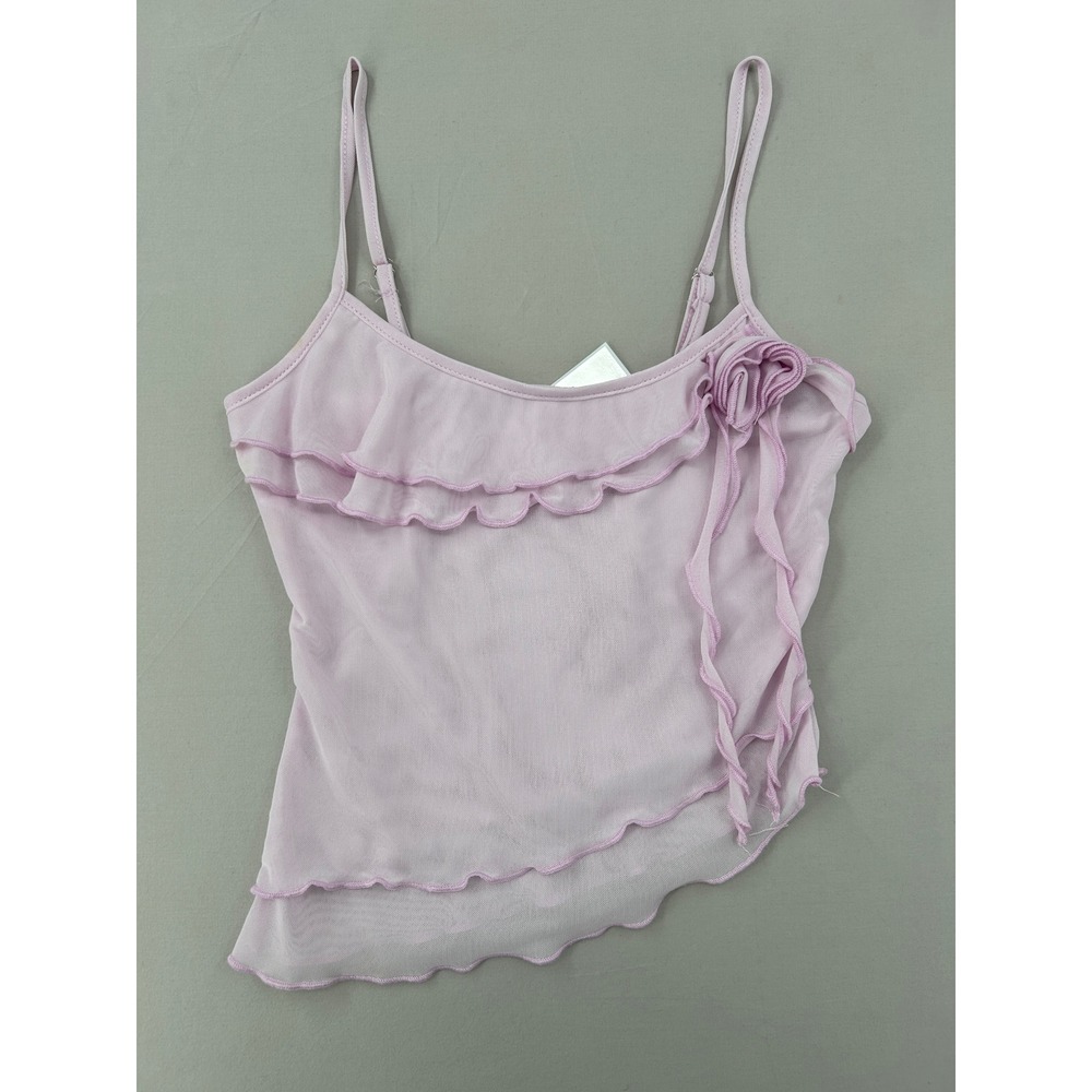 Lilac Pink Mesh Ruffle Rosette Camisole Top Asymmetrical Y2K Cami Size Small - Picture 1 of 9